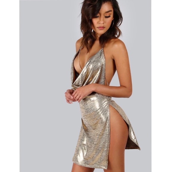 Metallic Color High-Slit Mini Dress - Picture 2 of 11